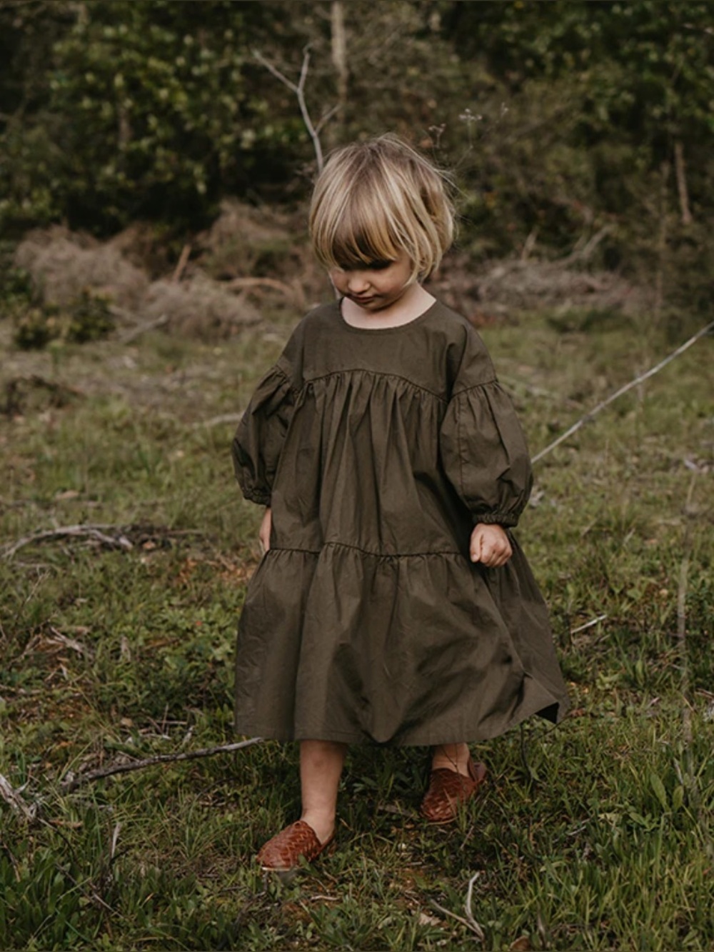 NWT The Simple Folk Harriet Dress Olive 7/8Y Puff Sleeve Cottagecore